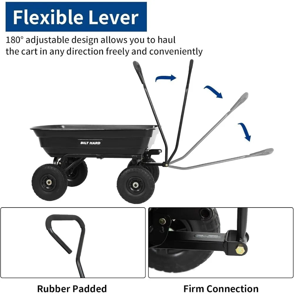 BILT HARD 4 Cu.Ft 10" No-Flat Tires Poly Yard Dump Cart with 180° Rotating Handle 600 lbs Capacity Heavy Duty Garden Carts Wagon