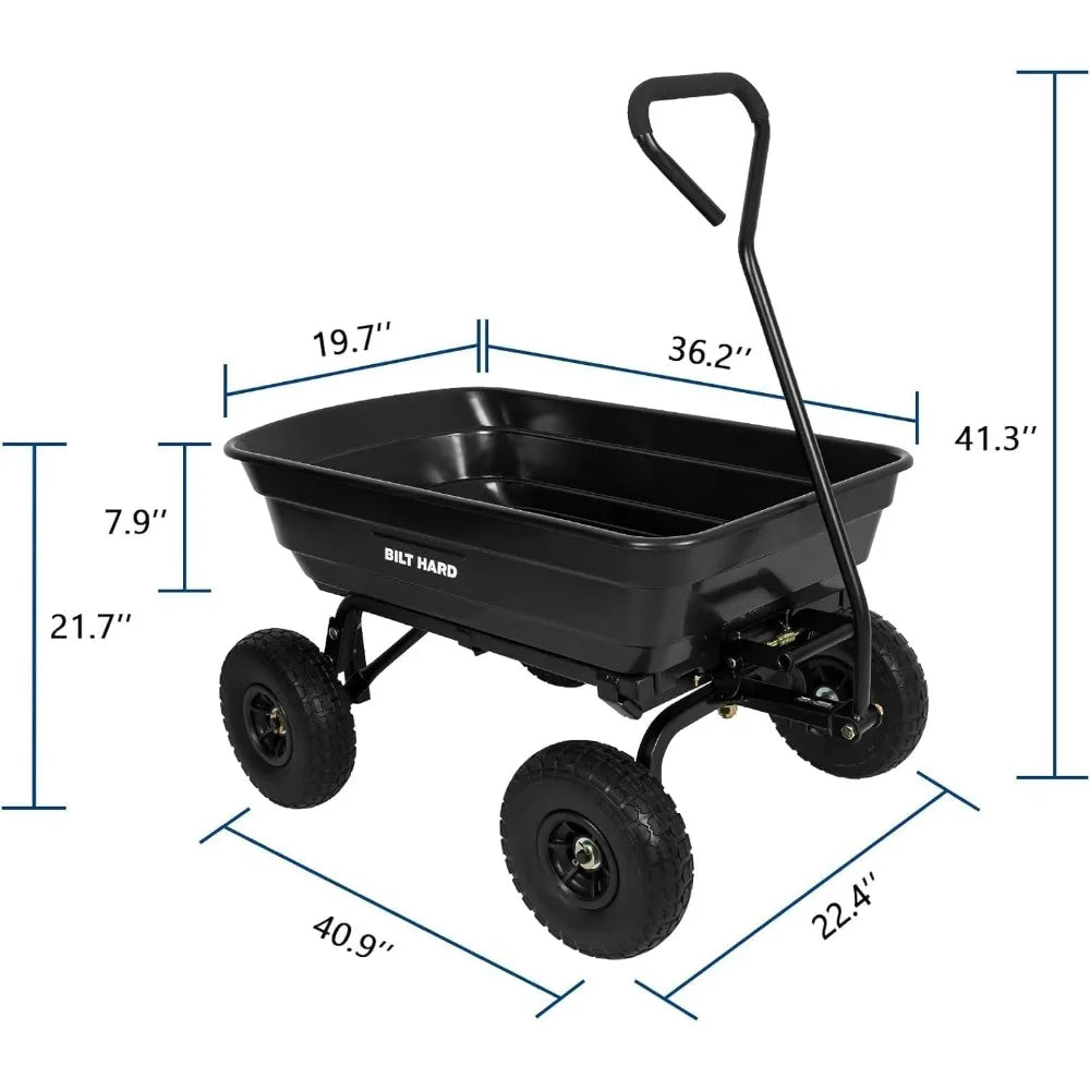 BILT HARD 4 Cu.Ft 10" No-Flat Tires Poly Yard Dump Cart with 180° Rotating Handle 600 lbs Capacity Heavy Duty Garden Carts Wagon