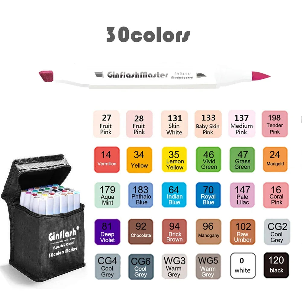 GInflash brush & Chisel Art Markers Brush Pen Sketch Alcohol Based Markers Dual Head Manga Drawing Art Supplies