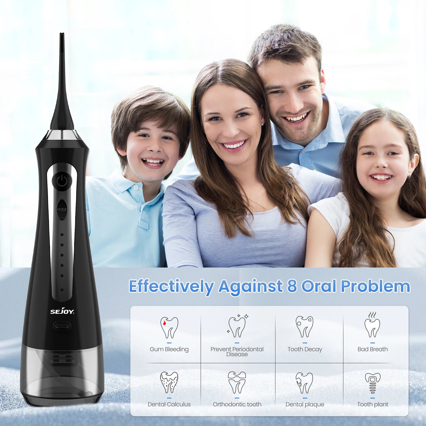 SEJOY Oral Irrigator Water Flosser Dental Teeth Whitening strips 230ML Tank 5 Modes 8 Jet Tips Washing Machine for Home