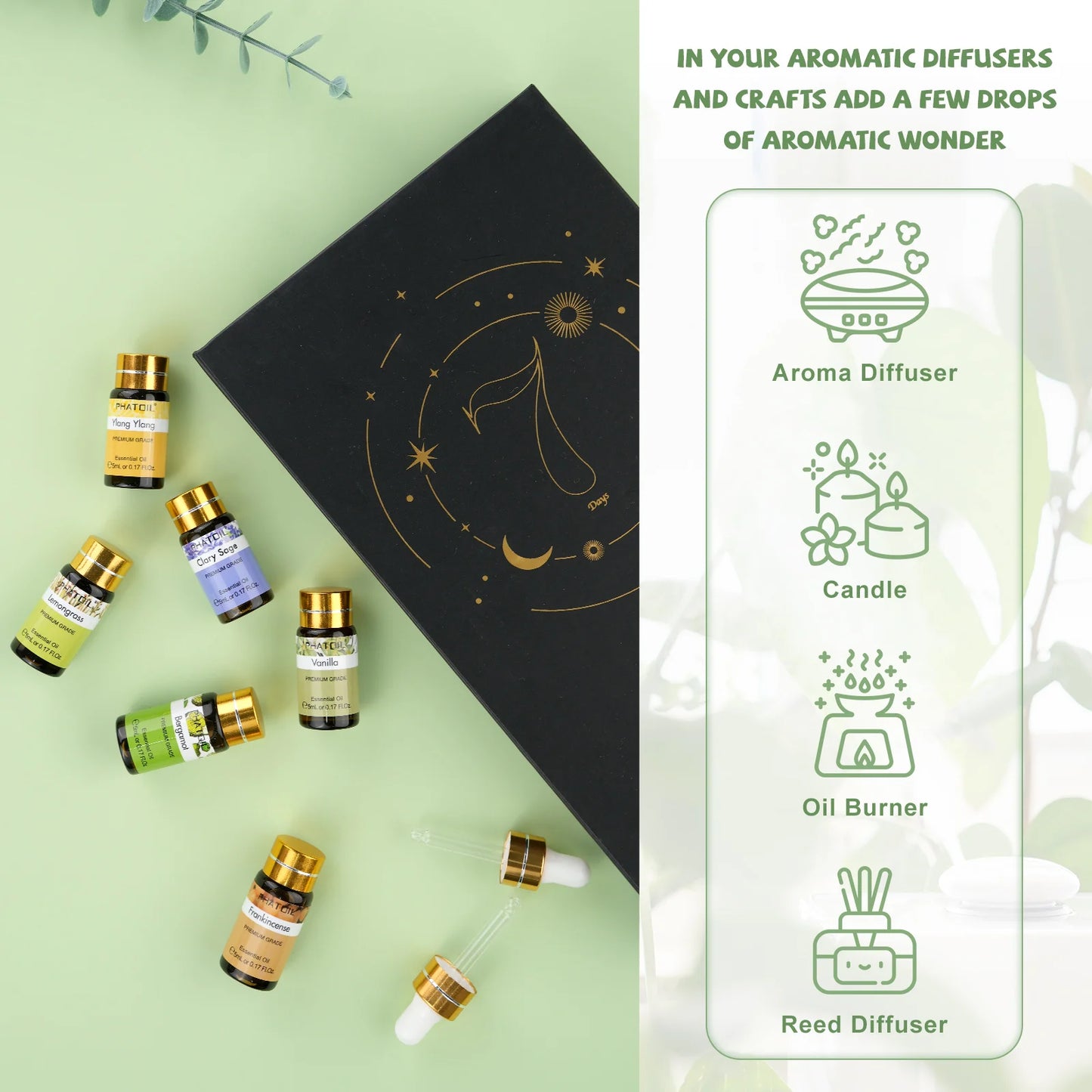 PHATOIL 15PCS Essential Oils Set-5ml Lavender Eucalyptus Peppermint Tea Tree Lemon Sweet Orange Jasmine Rose Aromatherapy Oils