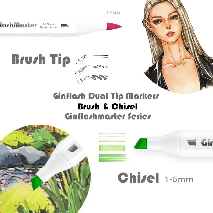 GInflash brush & Chisel Art Markers Brush Pen Sketch Alcohol Based Markers Dual Head Manga Drawing Art Supplies