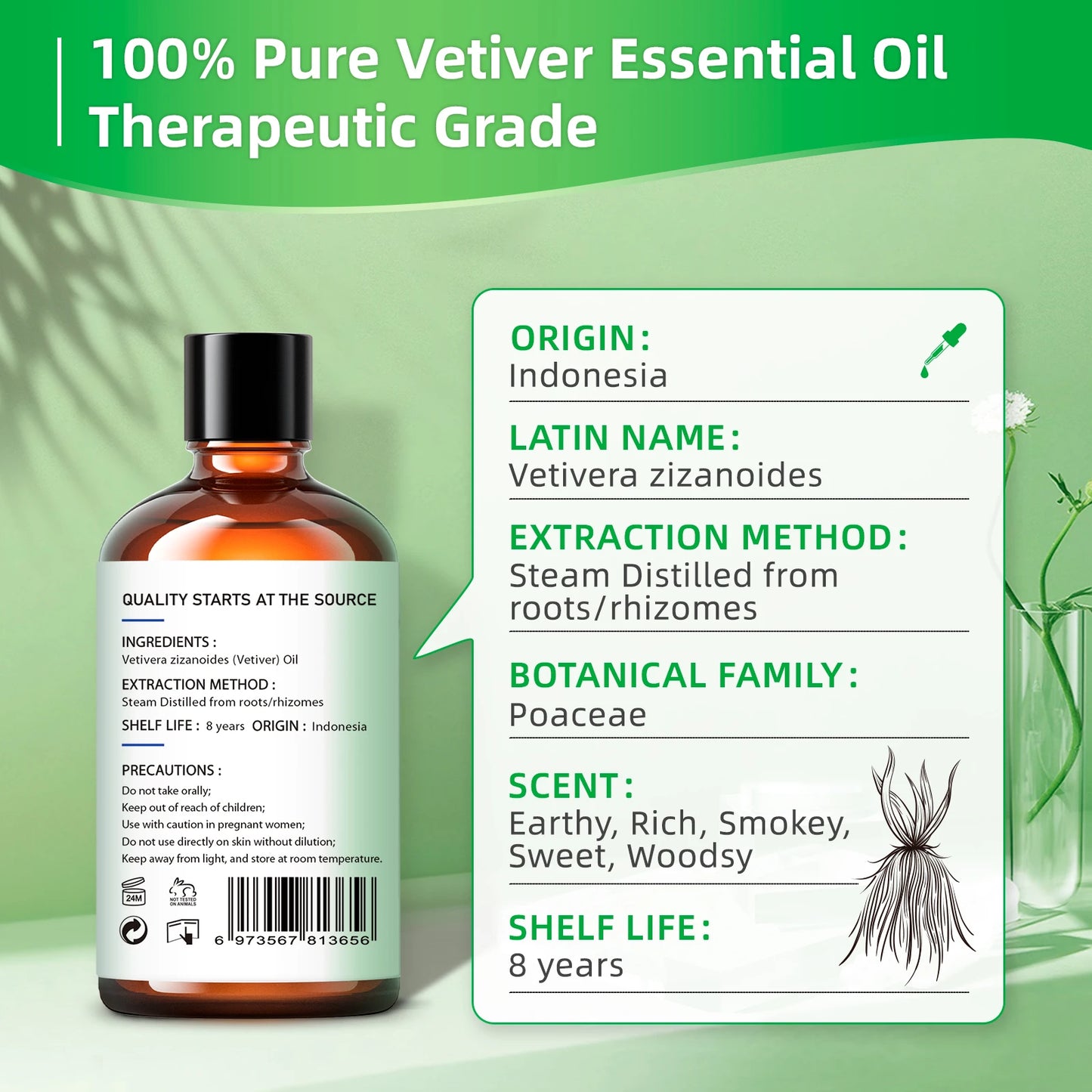 HIQILI 100ML Vetiver Essential Oils,100% Pure Nature for Aromatherapy, Diffuser, Humidifier,Massage, Relieving Stress, Hair Care
