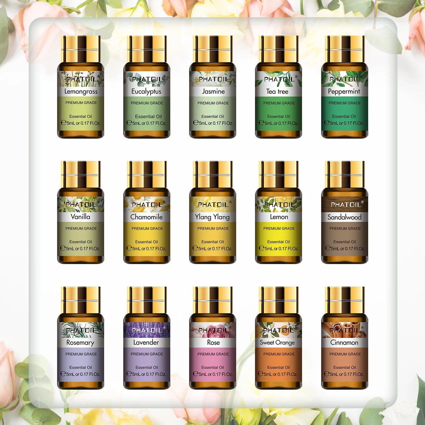 PHATOIL 15PCS Essential Oils Set-5ml Lavender Eucalyptus Peppermint Tea Tree Lemon Sweet Orange Jasmine Rose Aromatherapy Oils