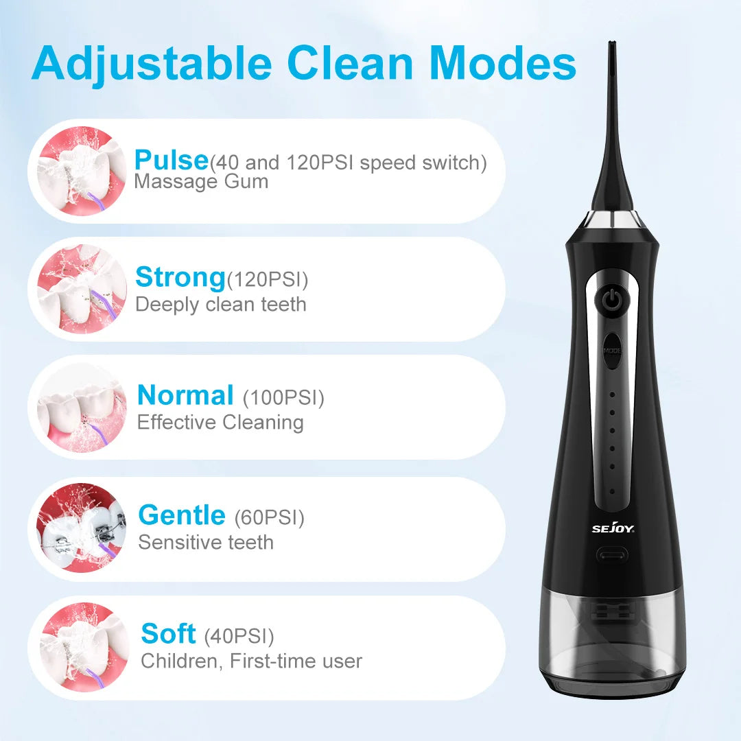 SEJOY Oral Irrigator Water Flosser Dental Teeth Whitening strips 230ML Tank 5 Modes 8 Jet Tips Washing Machine for Home
