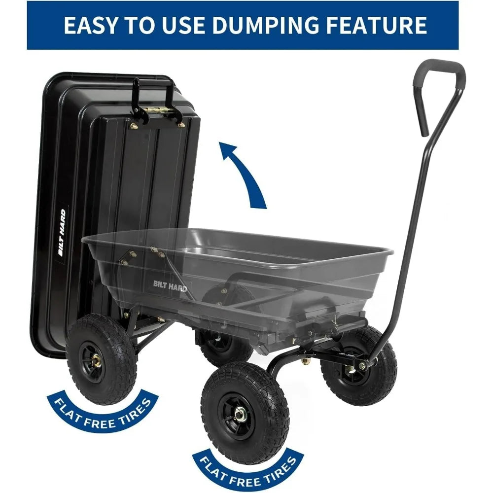 BILT HARD 4 Cu.Ft 10" No-Flat Tires Poly Yard Dump Cart with 180° Rotating Handle 600 lbs Capacity Heavy Duty Garden Carts Wagon