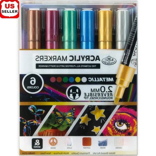6 Piece Acrylic Reversible Tip Metallic Art Markers Non-Toxic Multi-Surface Craft Pens Fine Detail Illustration Drawing