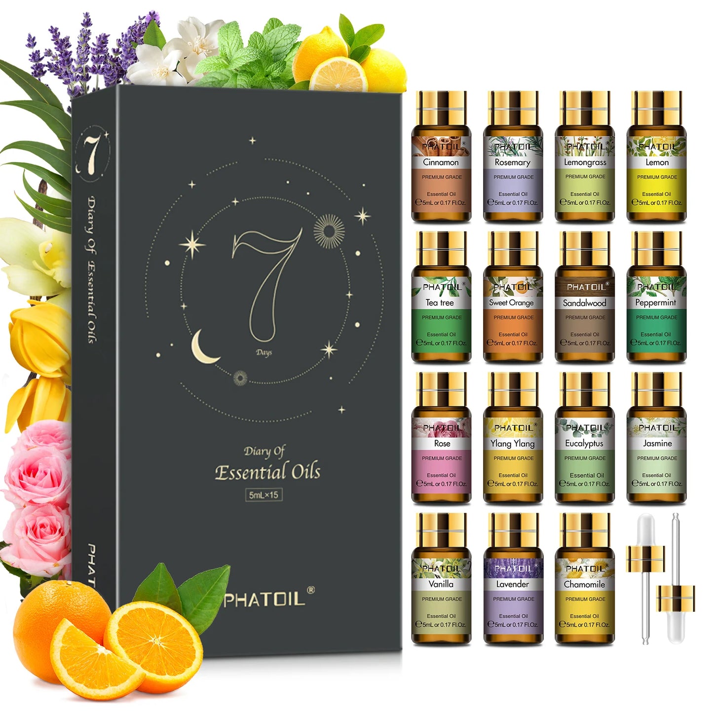 PHATOIL 15PCS Essential Oils Set-5ml Lavender Eucalyptus Peppermint Tea Tree Lemon Sweet Orange Jasmine Rose Aromatherapy Oils