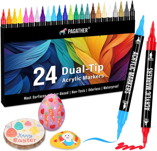 24 Colors Acrylic Paint Markers, Dual Tip with Fine Tip and Brush Tip Pens for Stone, Wood, Calligraphy, Canvas, Ceramic, Metal,